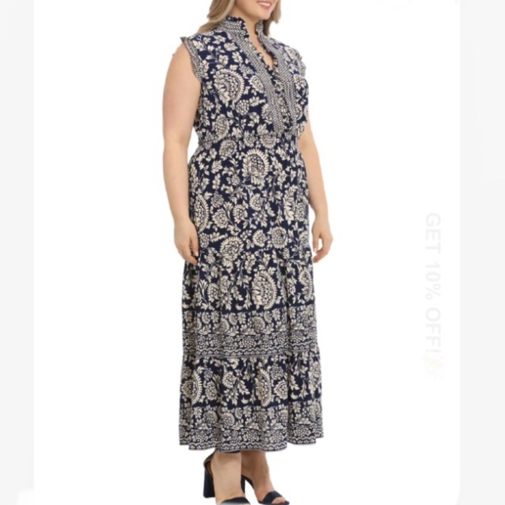 London Times Navy and White Floral Maxi Dress